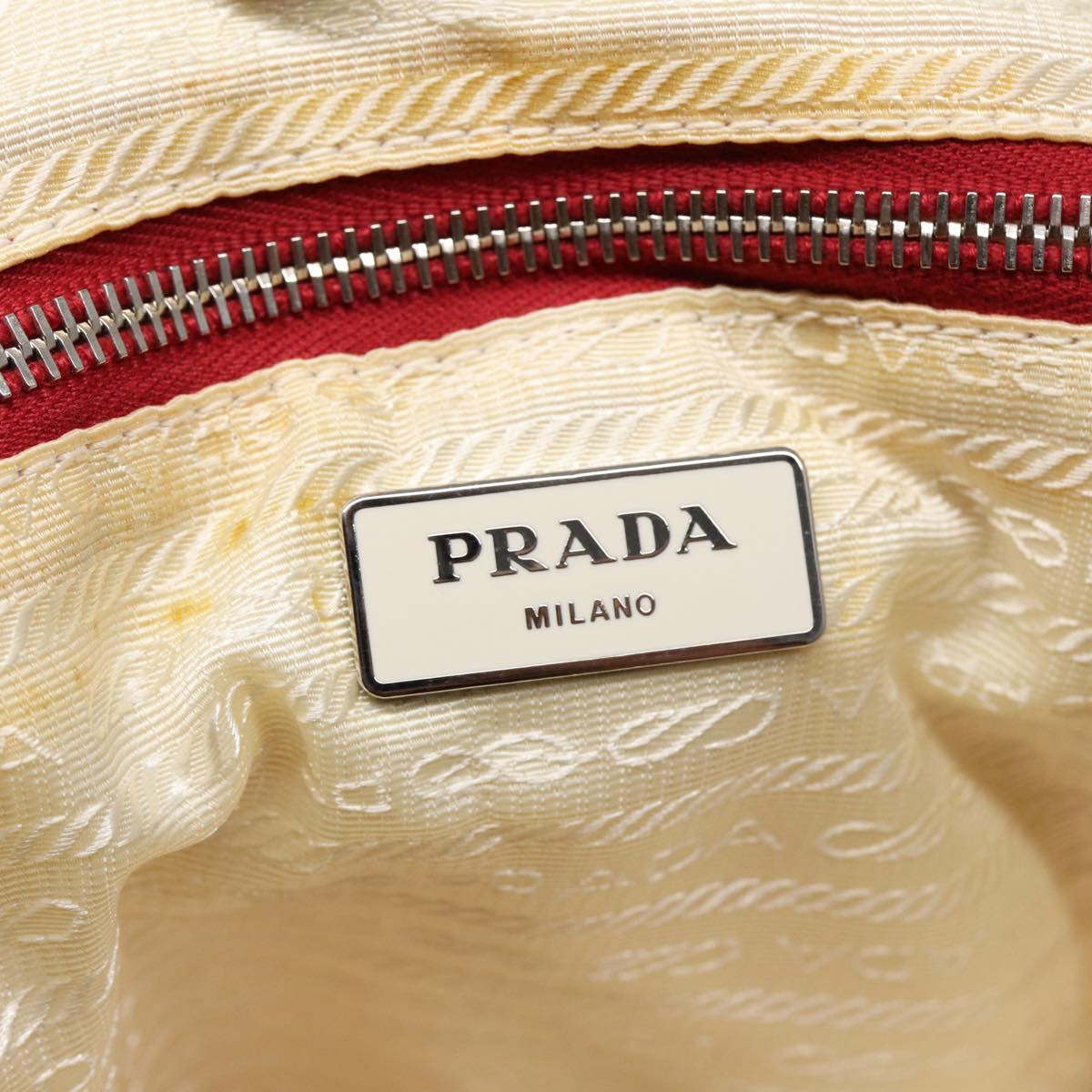 PRADA Hand Bag Nylon 2way Beige Red Silver Auth 85160