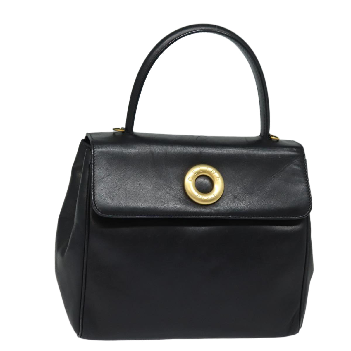 CELINE Hand Bag Leather Black Gold Auth 85222