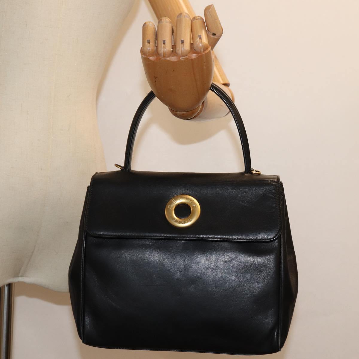 CELINE Hand Bag Leather Black Gold Auth 85222