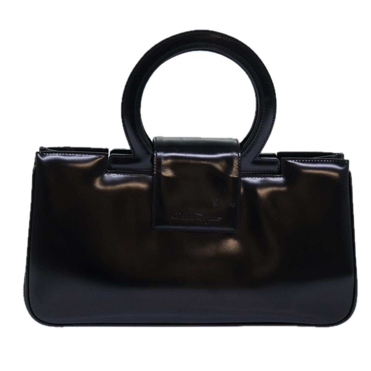 Salvatore Ferragamo Hand Bag Enamel Black Gold Auth 85244