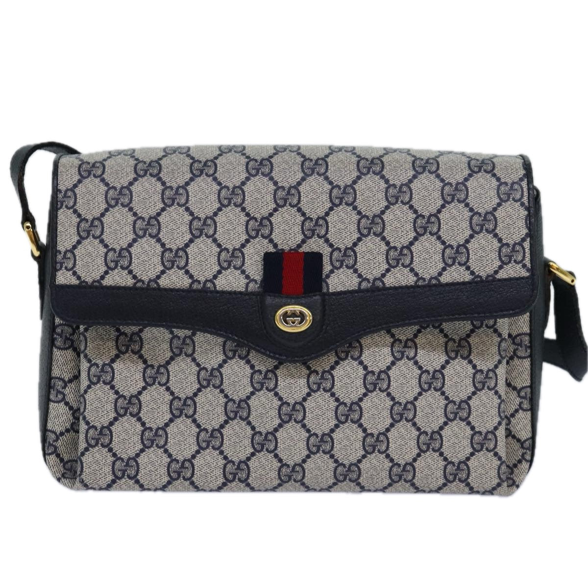 GUCCI GG Supreme Sherry Line Shoulder Bag PVC Navy gold 904 02 084 Auth 85245