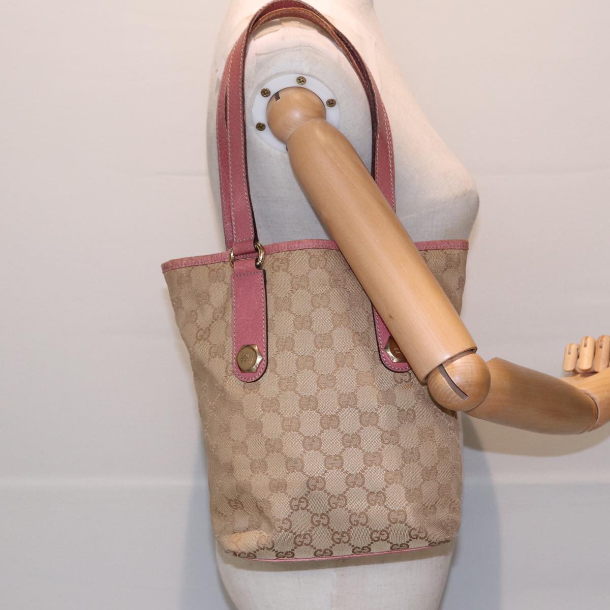 GUCCI GG Canvas Tote Bag Beige Pink gold 153361 Auth 85284