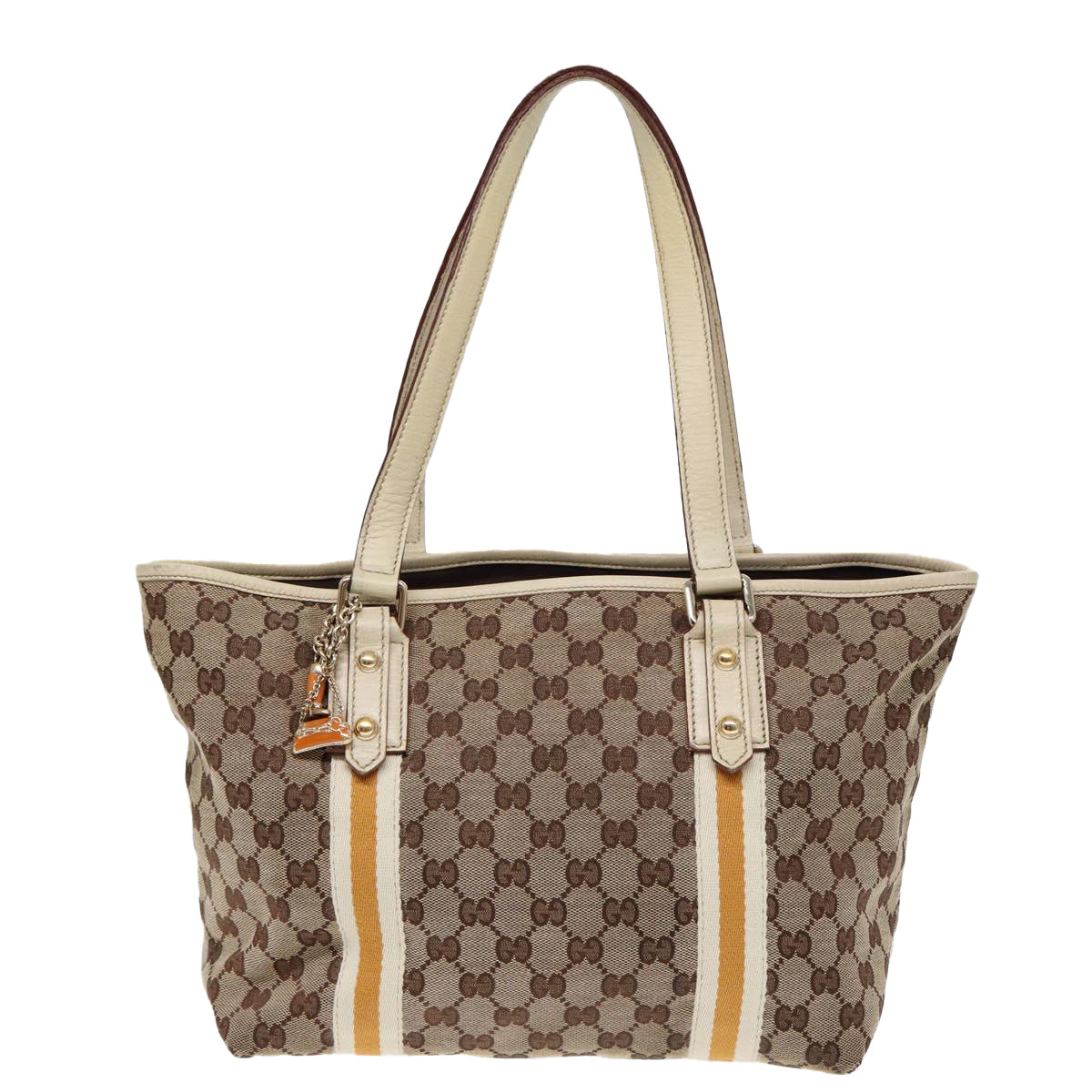 GUCCI GG Supreme Sherry Line Tote Bag Beige Gold Silver Auth 85285