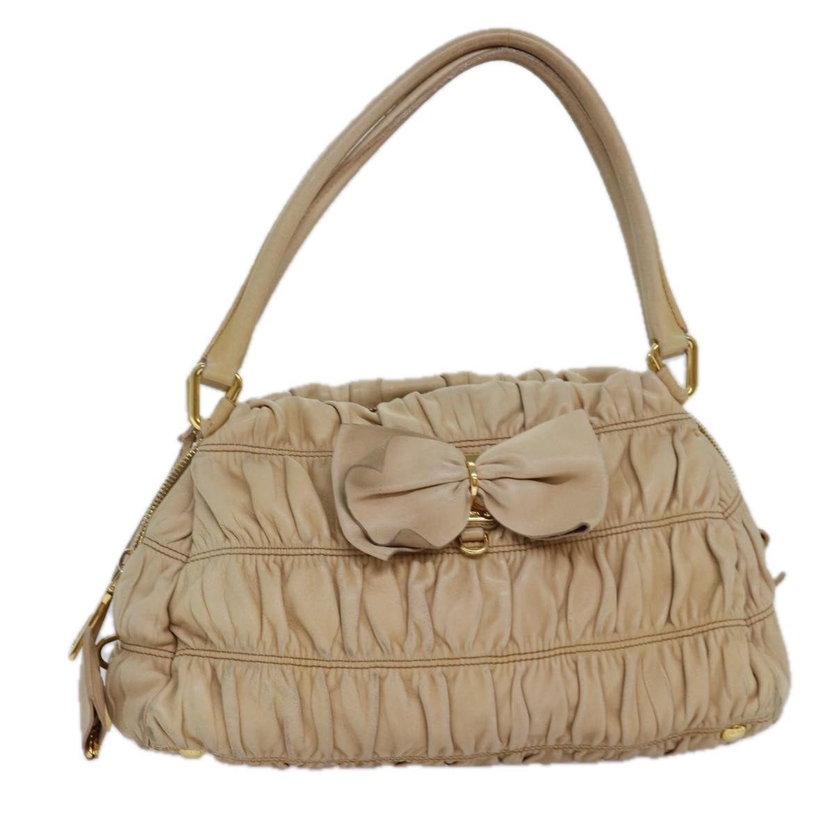 PRADA Hand Bag Nylon Beige Gold Auth 85286