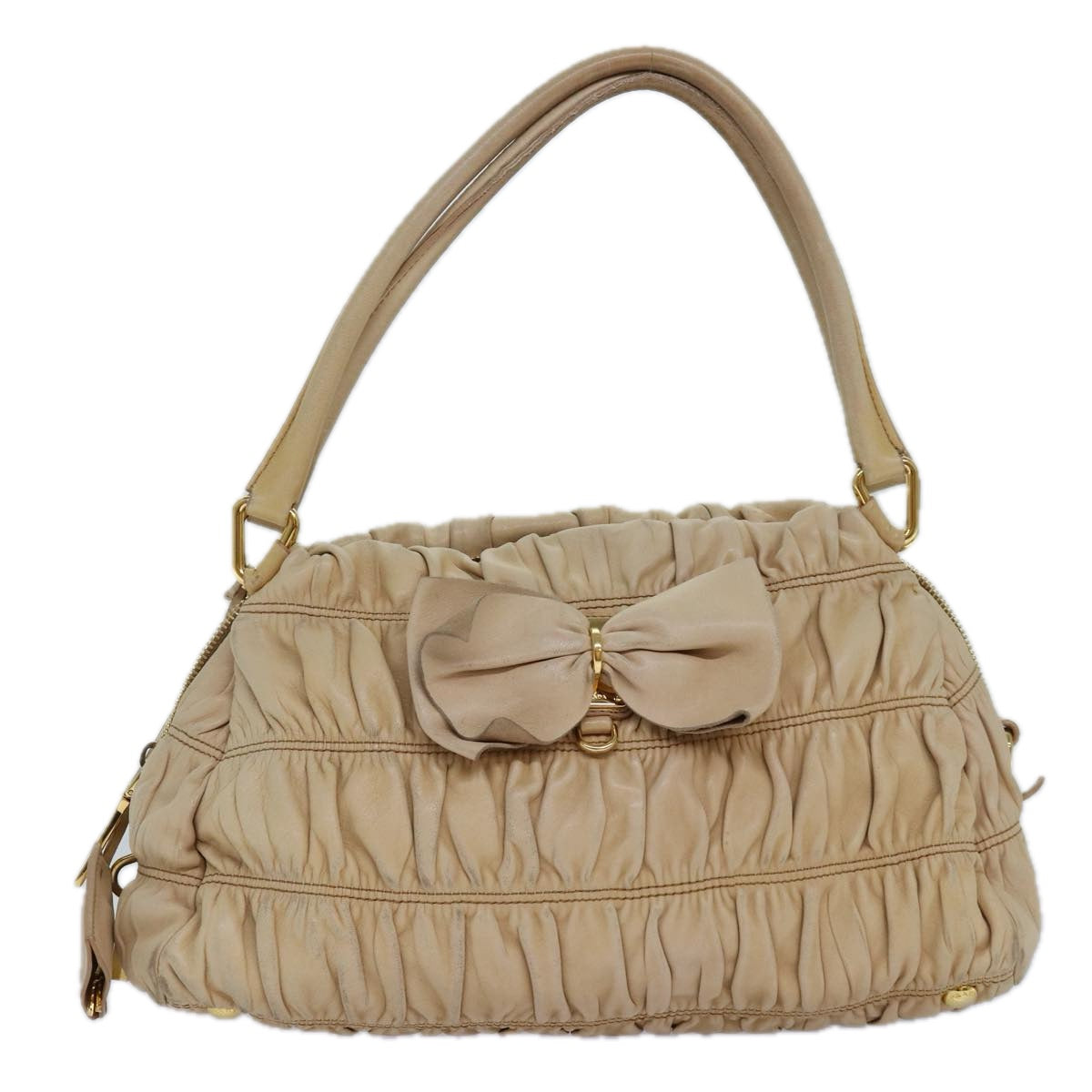 PRADA Hand Bag Nylon Beige Gold Auth 85286