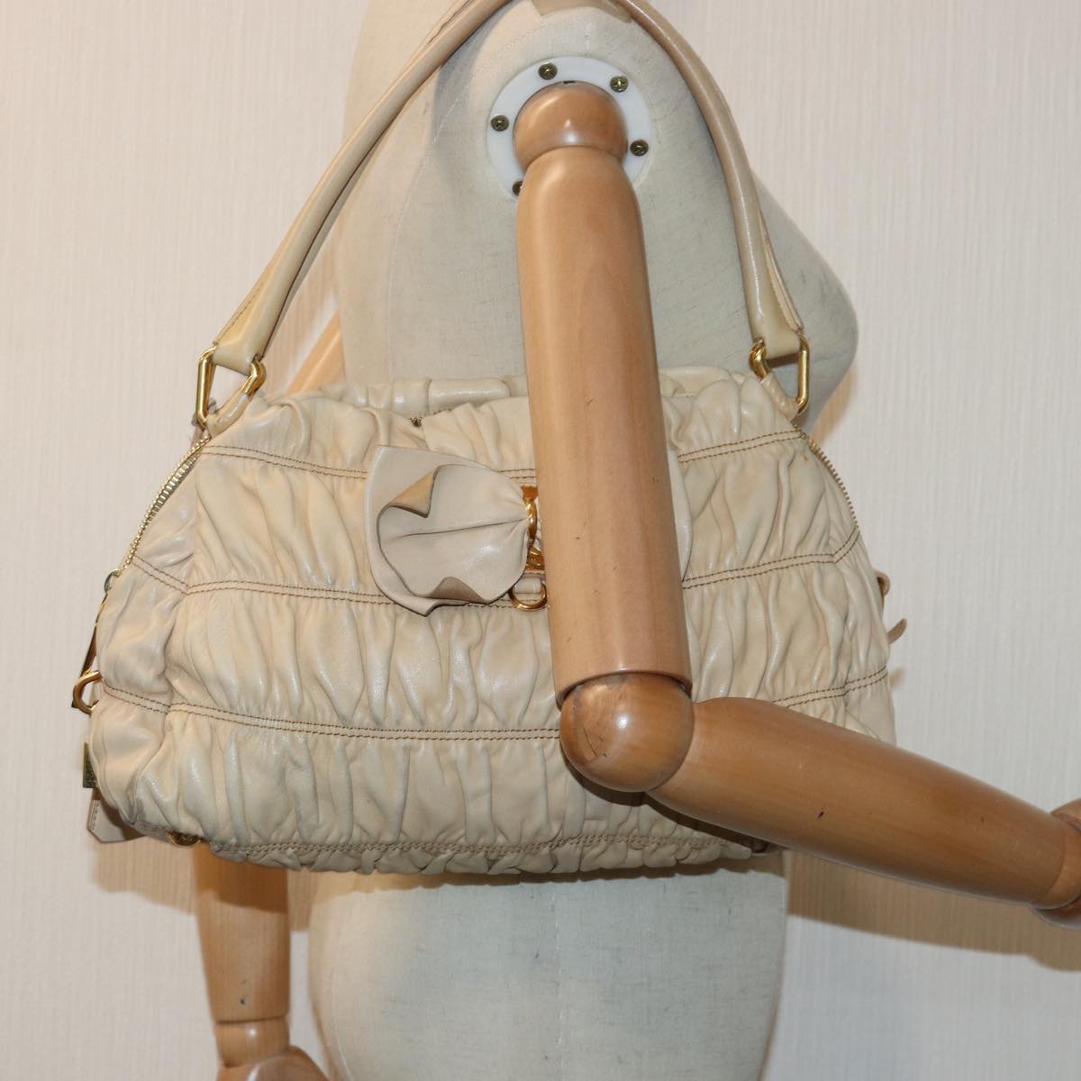 PRADA Hand Bag Nylon Beige Gold Auth 85286