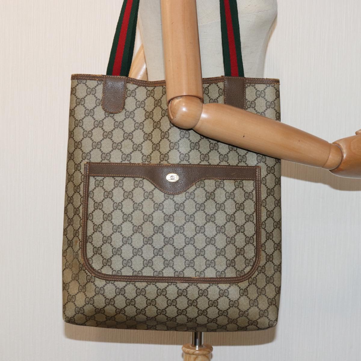 GUCCI GG Supreme Web Sherry Line Tote Bag PVC Beige Red 39 02 003 Auth 85364