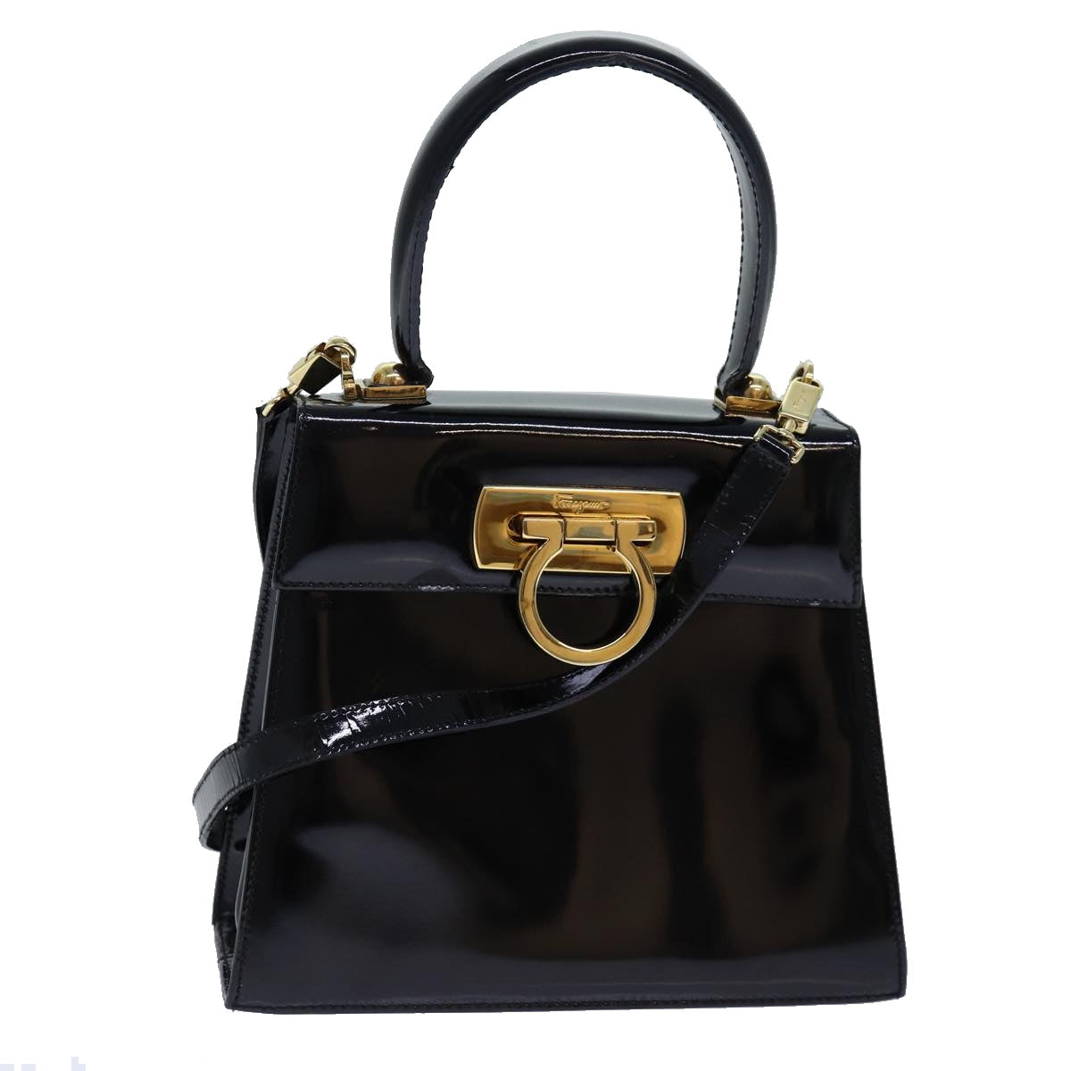 Salvatore Ferragamo Gancini Hand Bag Patent leather 2way Black Gold Auth 85377