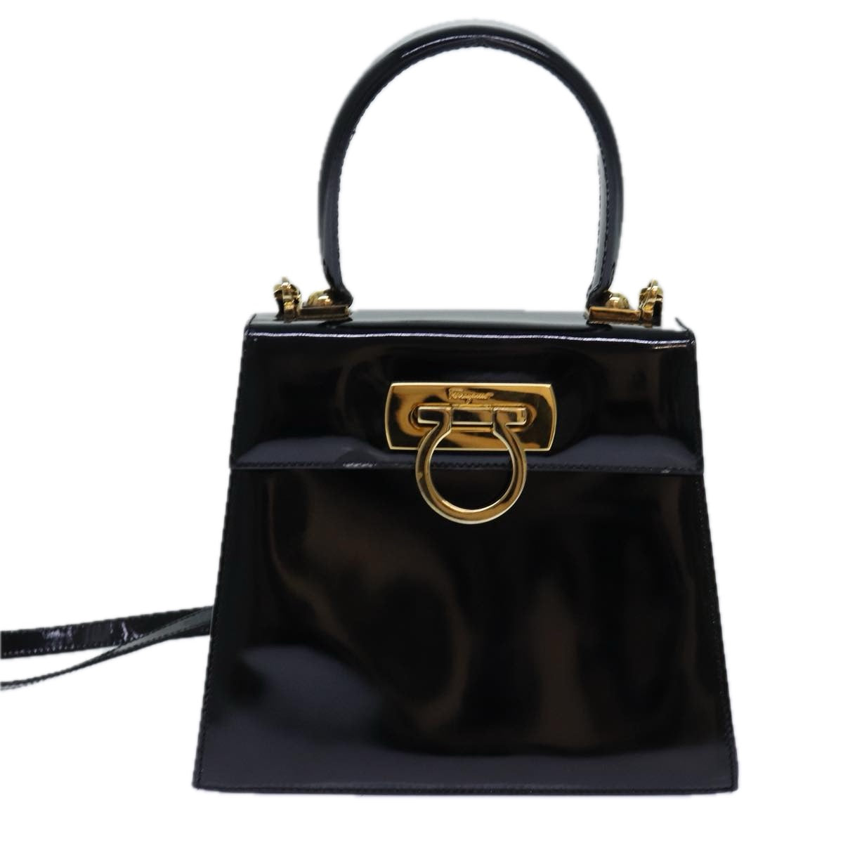 Salvatore Ferragamo Gancini Hand Bag Patent leather 2way Black Gold Auth 85377 - 0