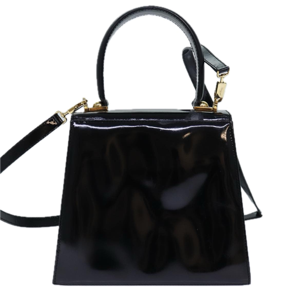 Salvatore Ferragamo Gancini Hand Bag Patent leather 2way Black Gold Auth 85377