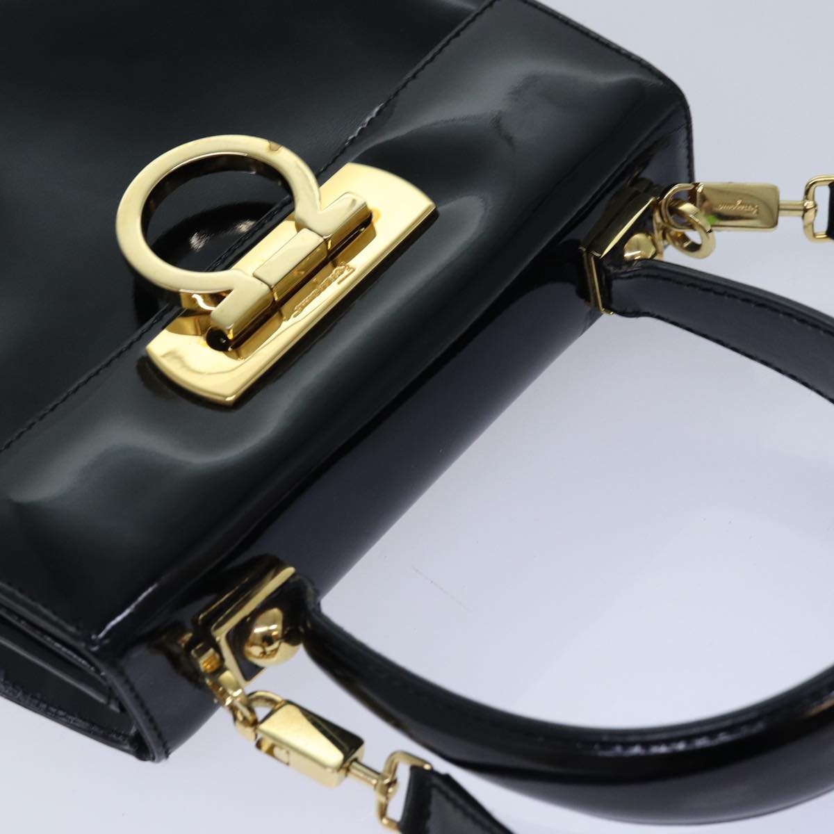 Salvatore Ferragamo Gancini Hand Bag Patent leather 2way Black Gold Auth 85377