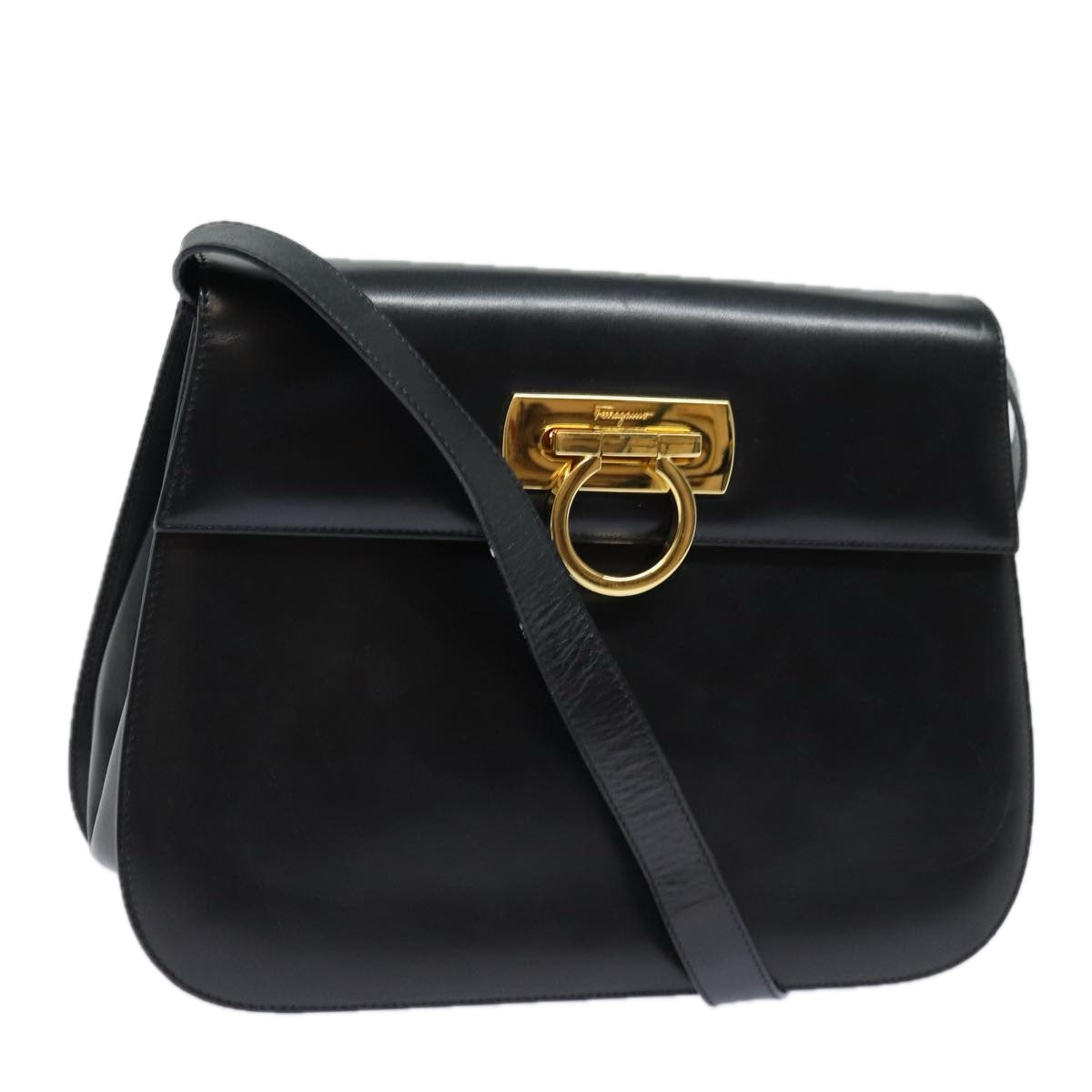 Salvatore Ferragamo Gancini Shoulder Bag Leather Black Gold Auth 85386