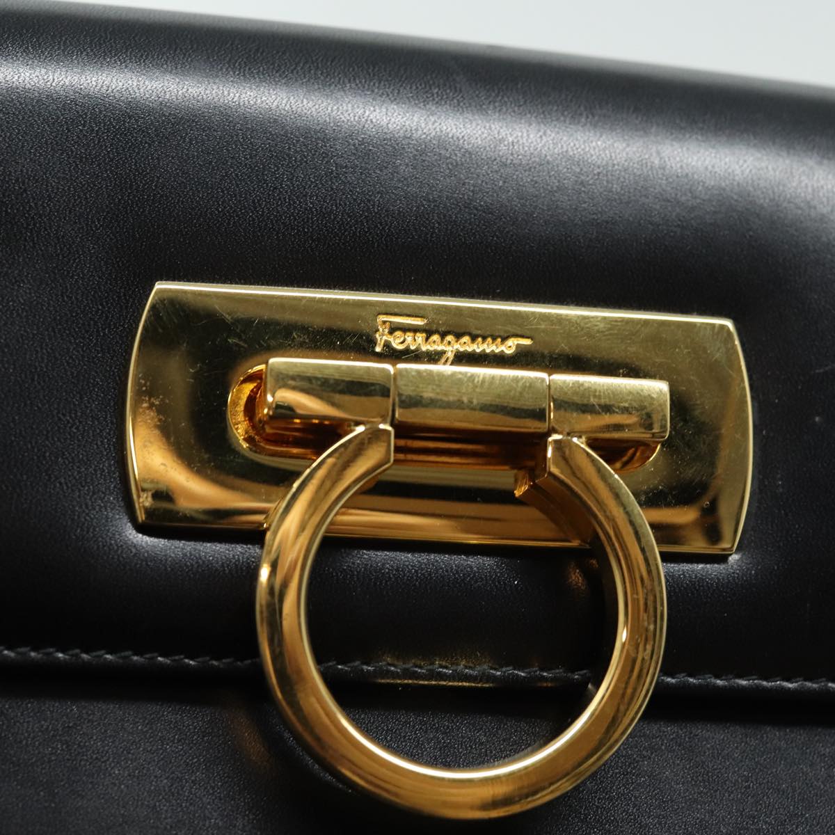 Salvatore Ferragamo Gancini Shoulder Bag Leather Black Gold Auth 85386