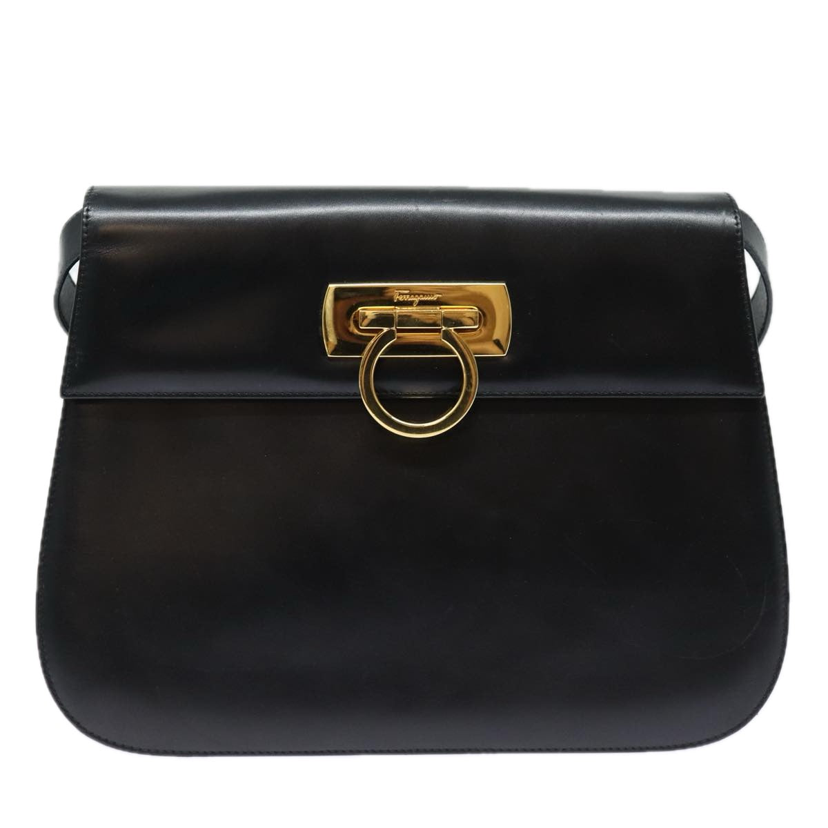 Salvatore Ferragamo Gancini Shoulder Bag Leather Black Gold Auth 85386