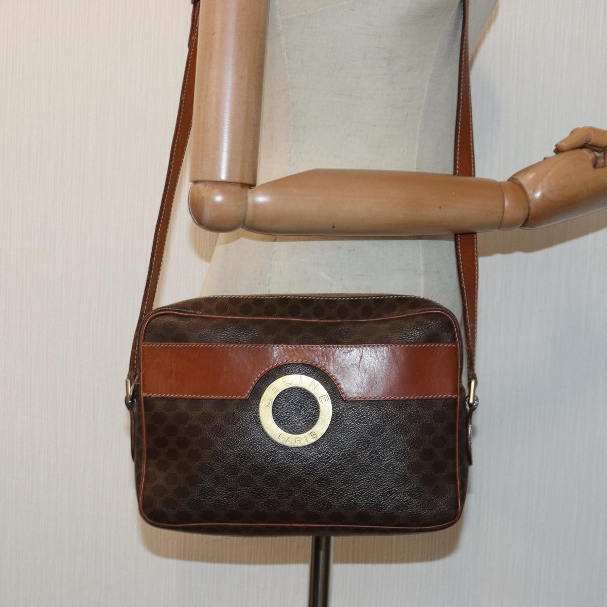 CELINE Macadam Canvas Shoulder Bag PVC Leather Brown Gold Auth 85387