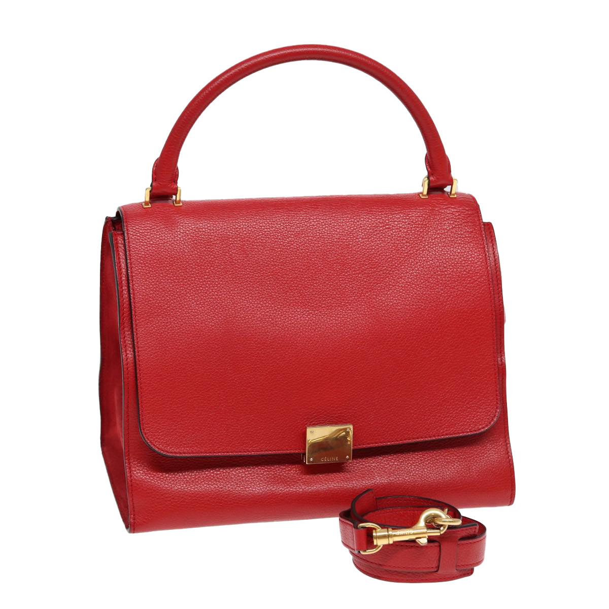 CELINE Trapeze Hand Bag Leather Suede 2way Red Gold Auth 85397