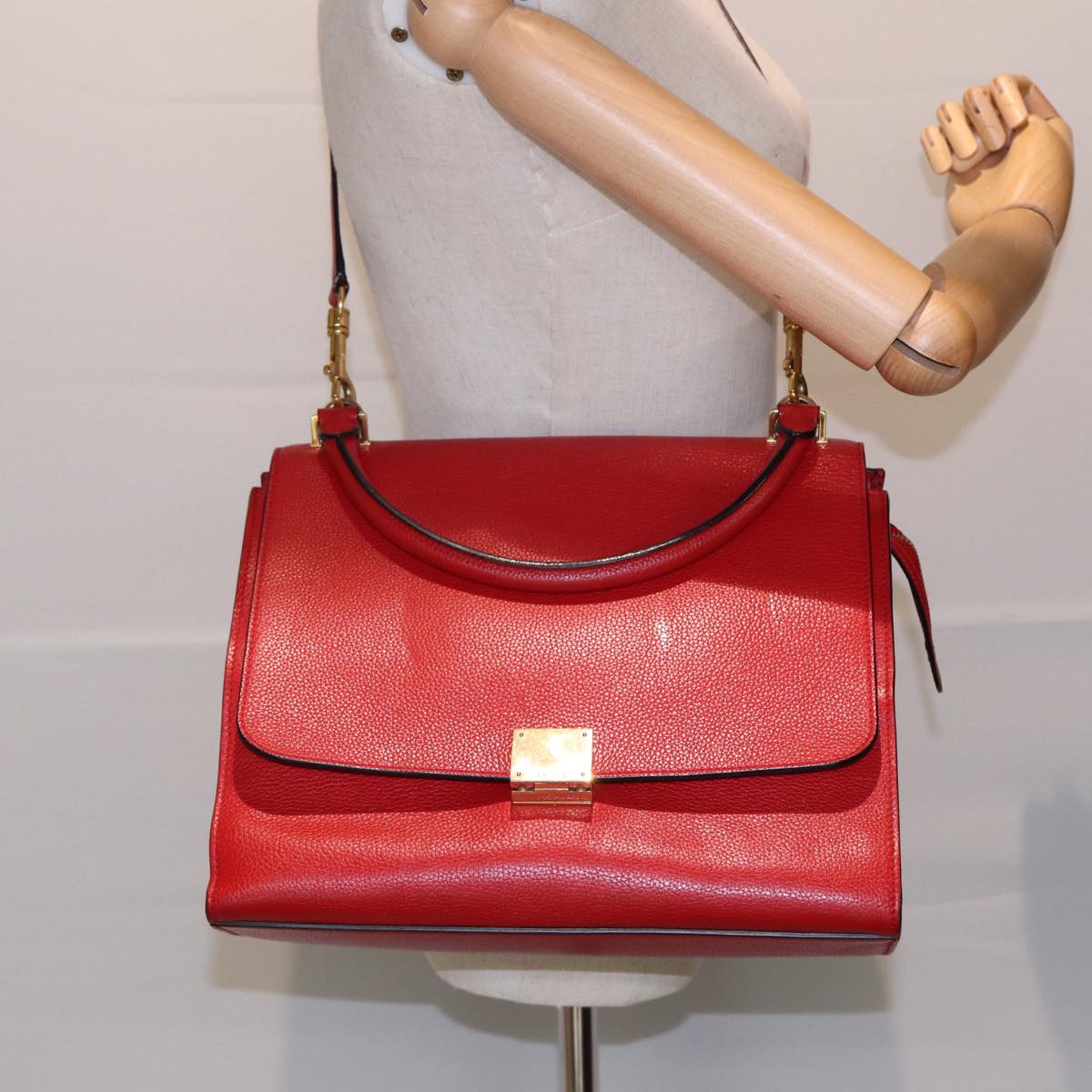 CELINE Trapeze Hand Bag Leather Suede 2way Red Gold Auth 85397