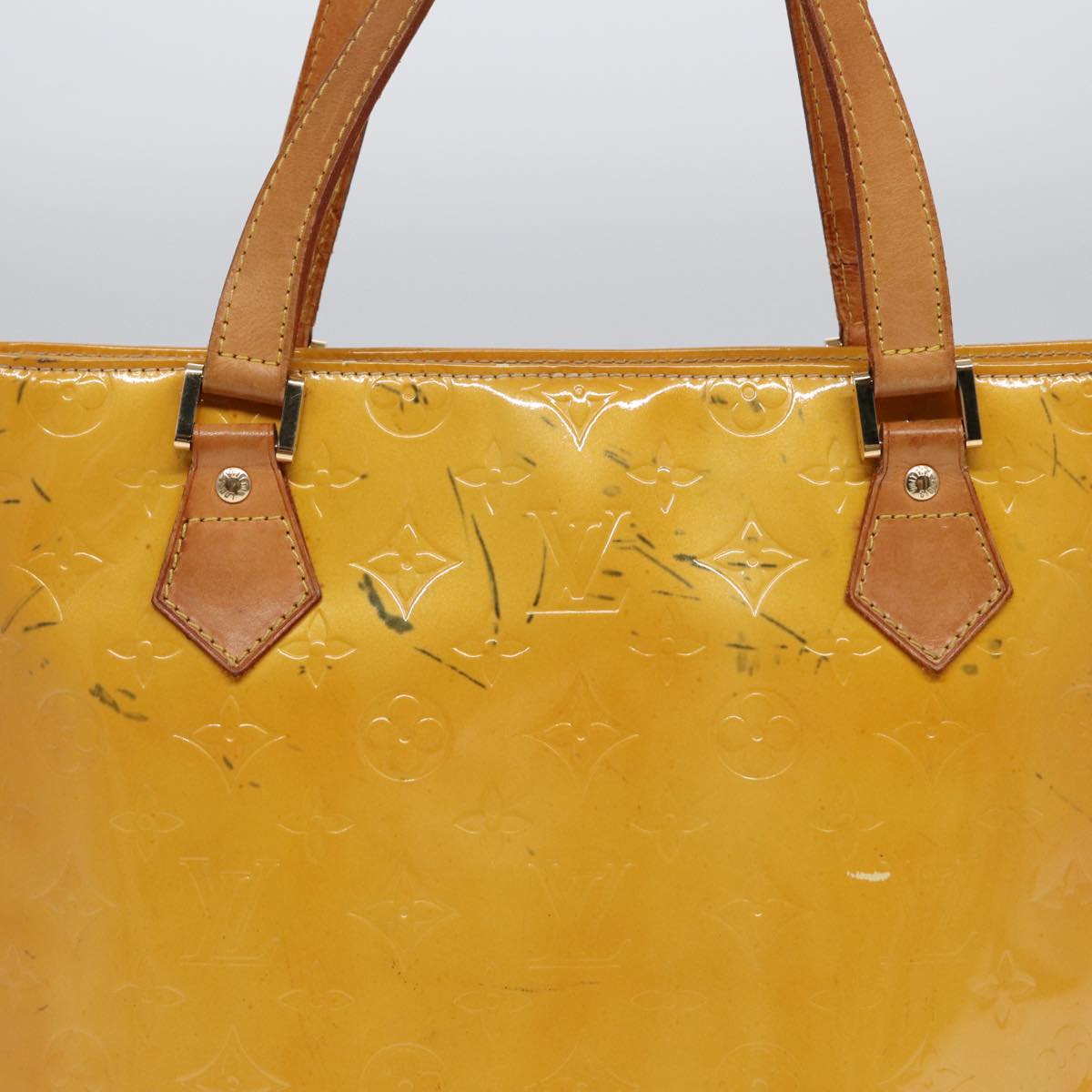 LOUIS VUITTON Monogram Vernis Houston Hand Bag Lime Yellow M91055 LV Auth 85403