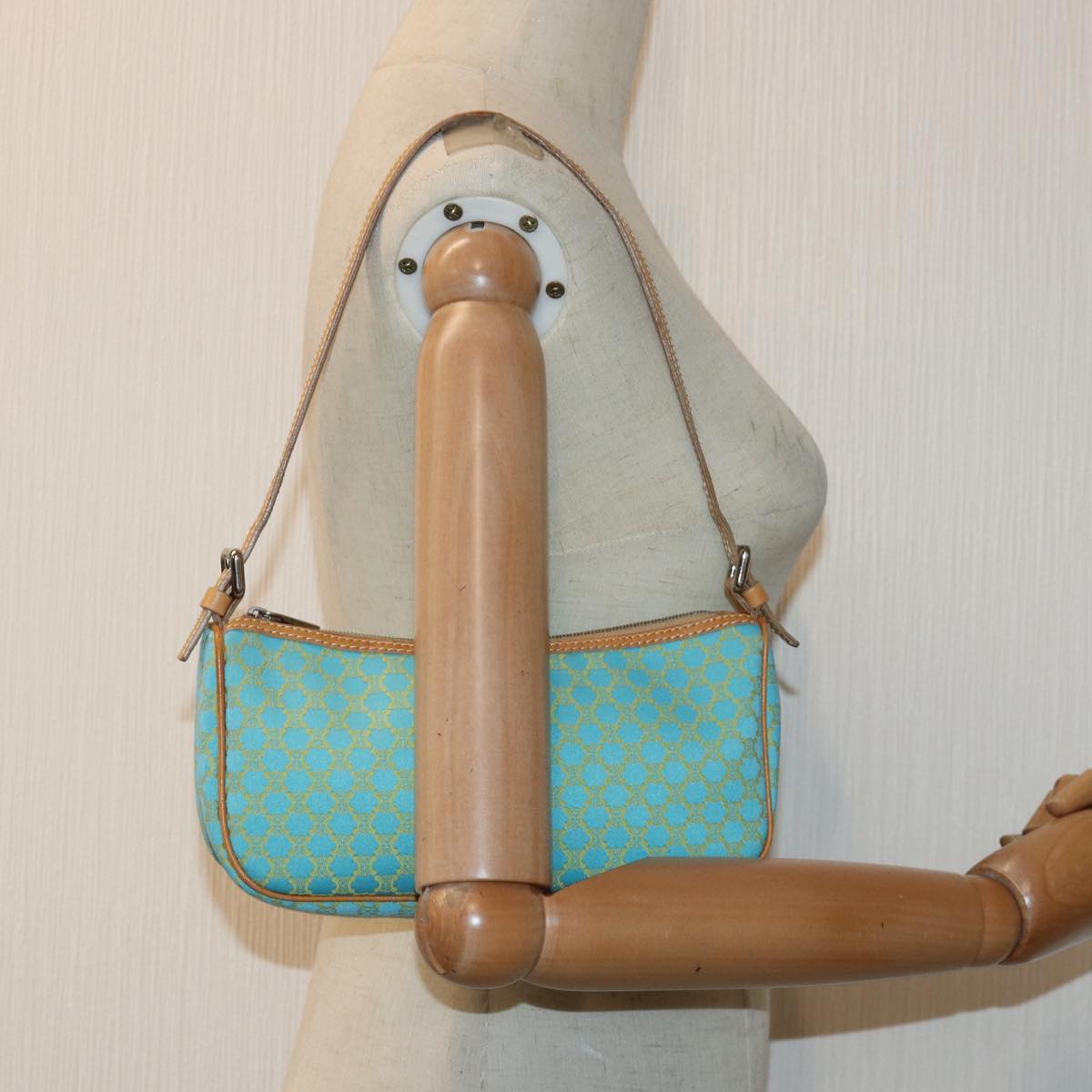 CELINE Macadam Canvas Shoulder Bag Turquoise Blue Silver Auth 85440