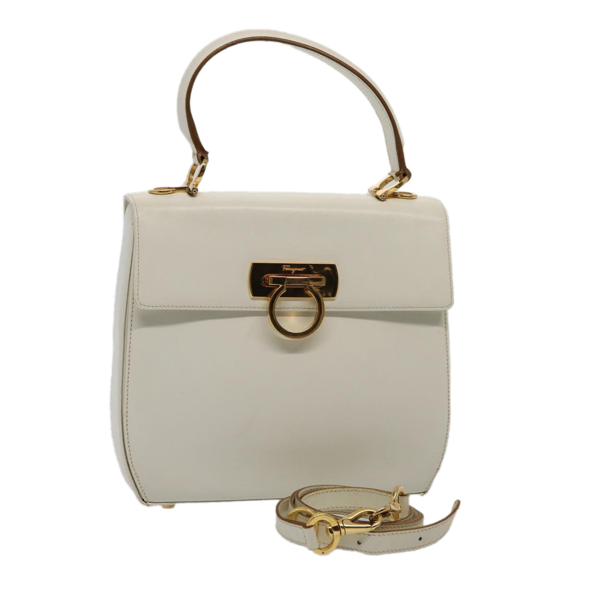 Salvatore Ferragamo Gancini Hand Bag Leather 2way White Gold Auth 85441