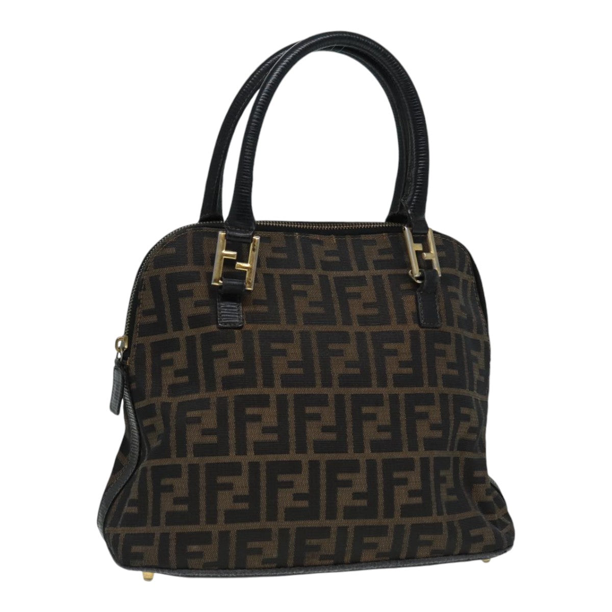 FENDI Zucca Canvas Hand Bag Brown Black gold Auth 85463