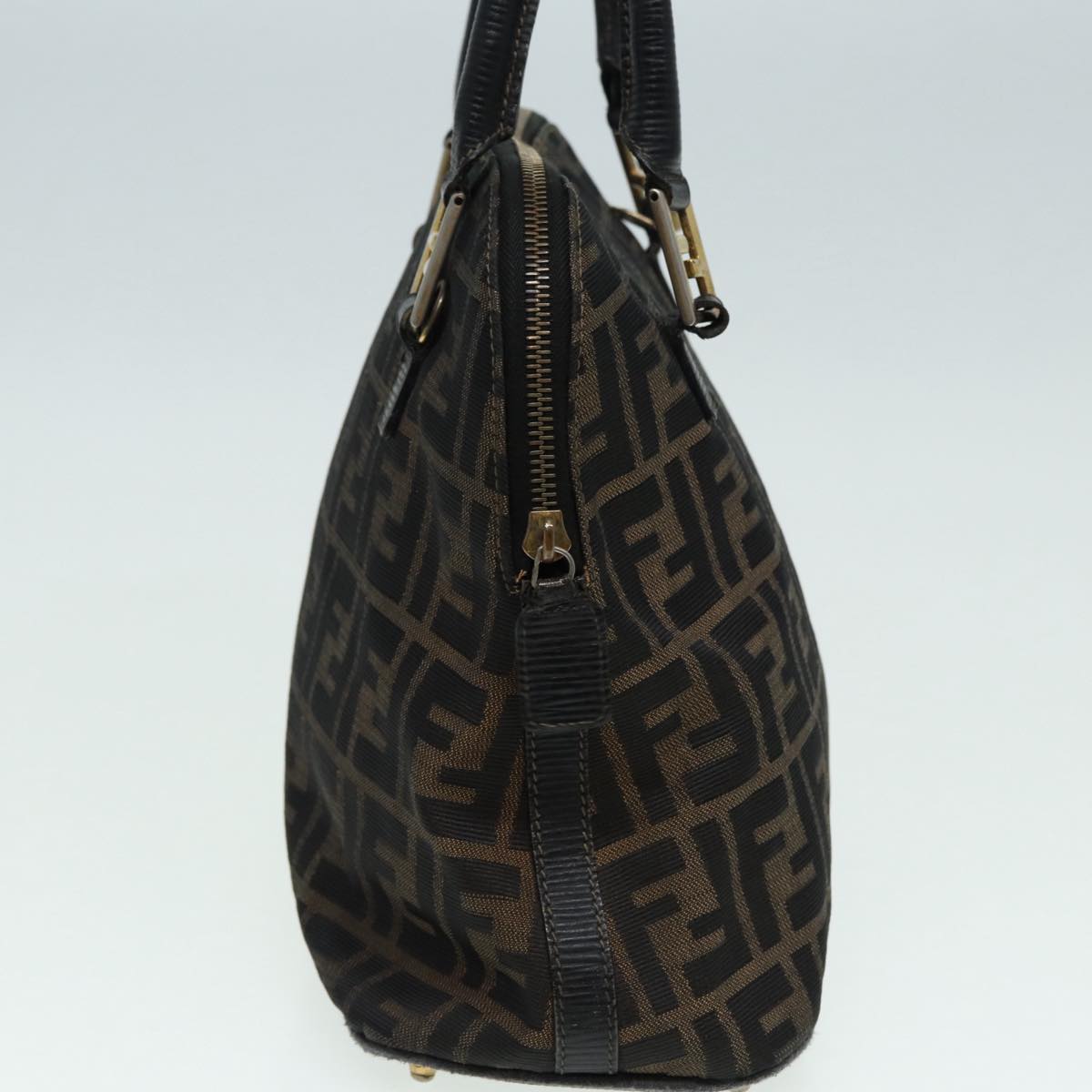 FENDI Zucca Canvas Hand Bag Brown Black gold Auth 85463