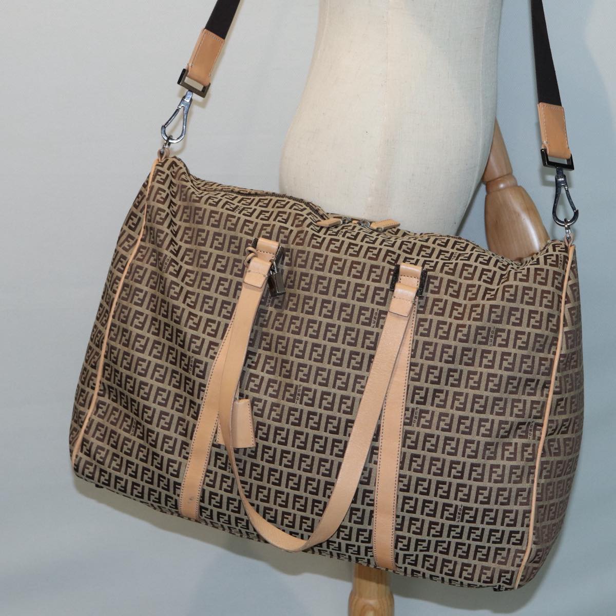 FENDI Zucchino Canvas Boston Bag 2way Beige Brown Auth 85464