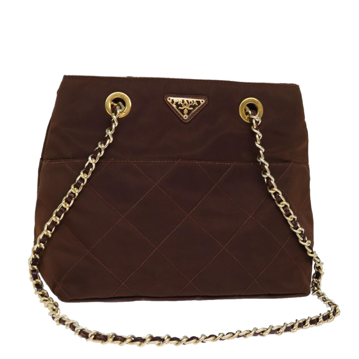 PRADA Chain Shoulder Bag Nylon Brown Gold Auth 85466