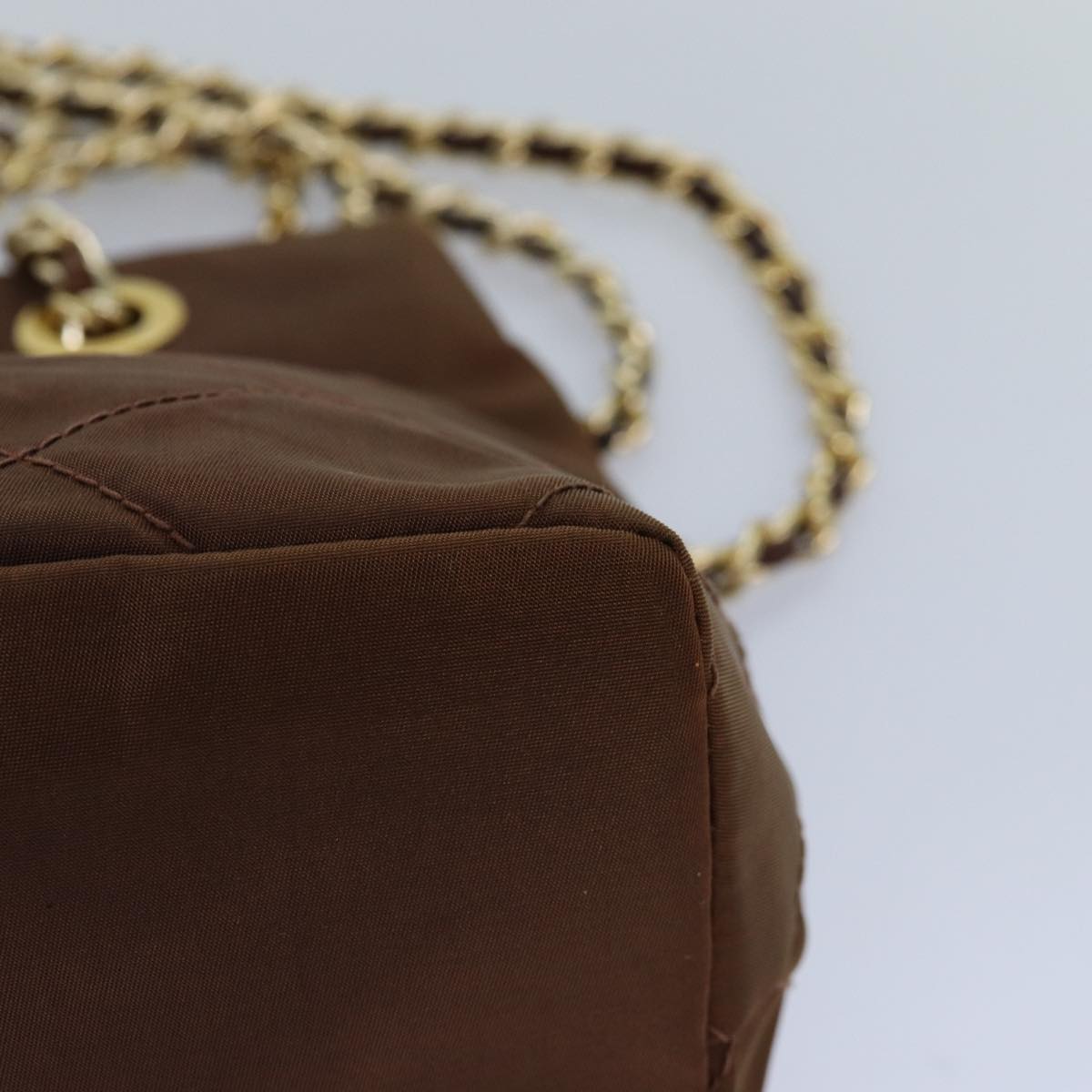 PRADA Chain Shoulder Bag Nylon Brown Gold Auth 85466