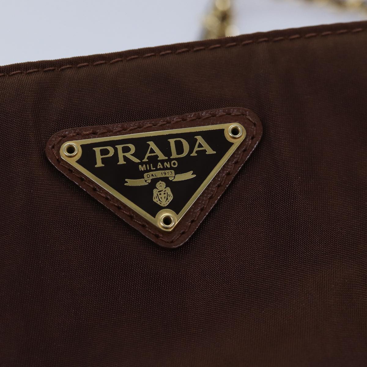 PRADA Chain Shoulder Bag Nylon Brown Gold Auth 85466