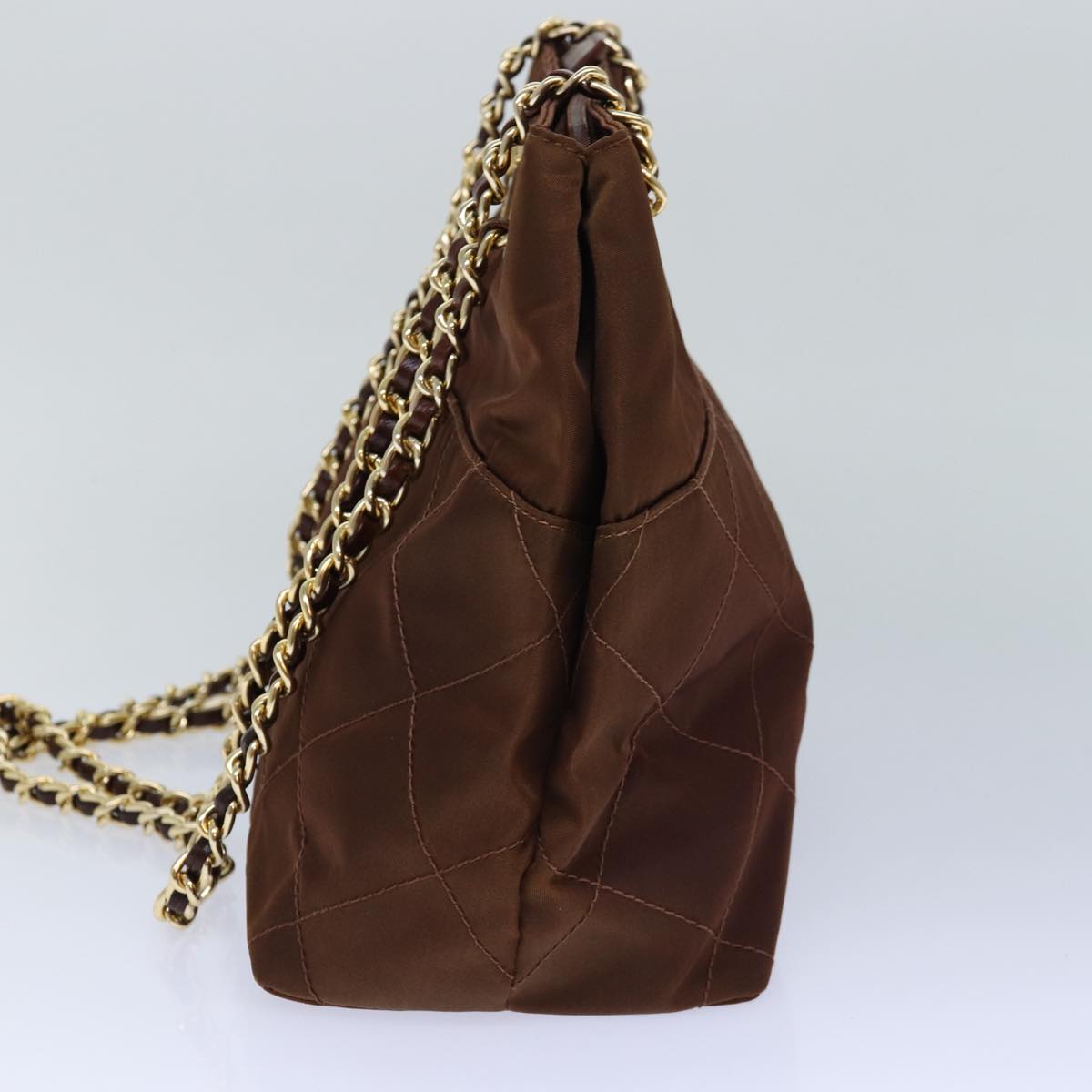 PRADA Chain Shoulder Bag Nylon Brown Gold Auth 85466