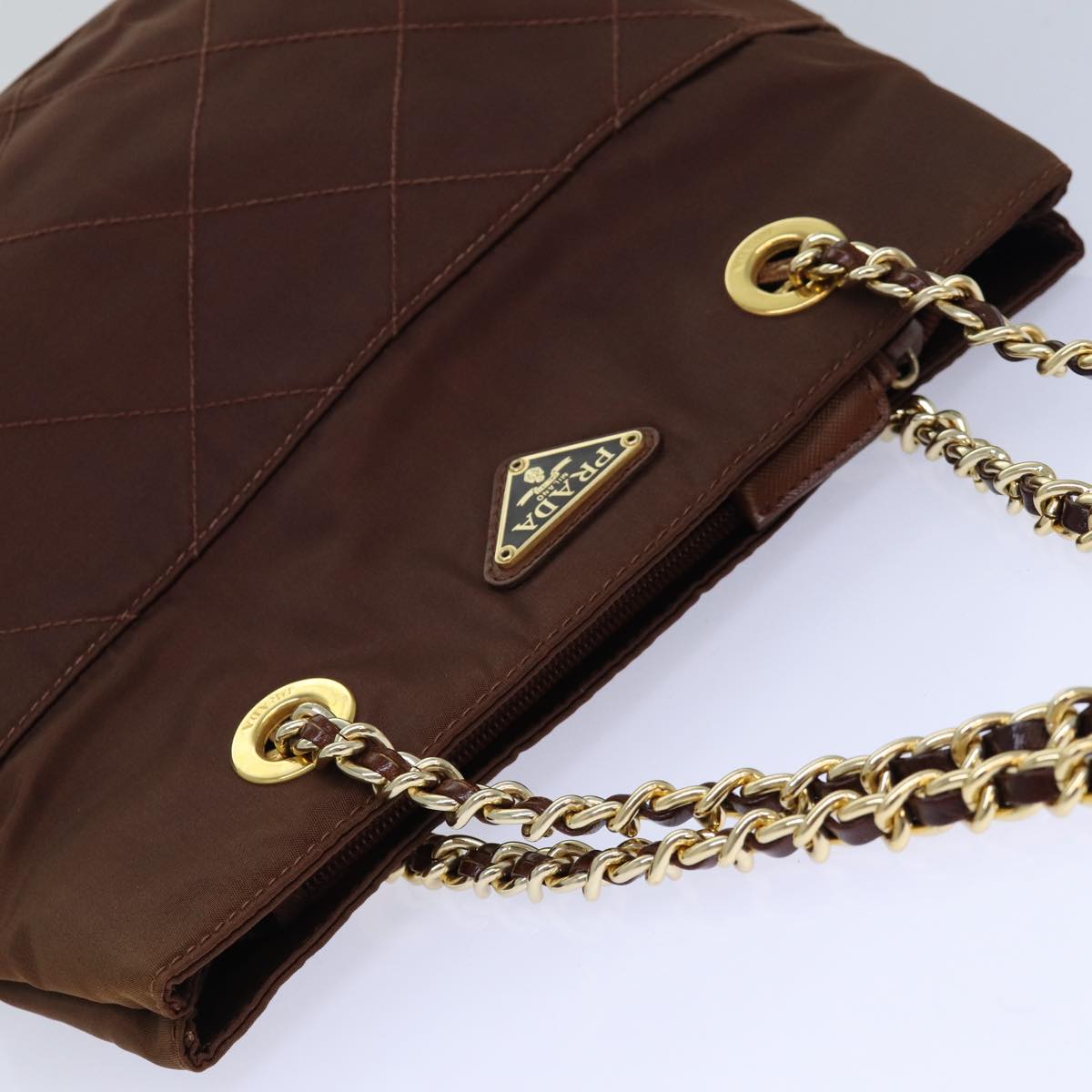 PRADA Chain Shoulder Bag Nylon Brown Gold Auth 85466