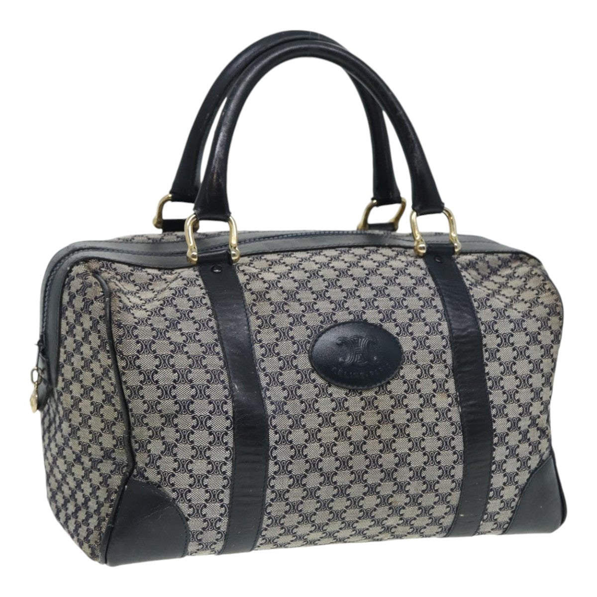 CELINE Macadam Canvas Boston Bag Navy Gold Auth 85467