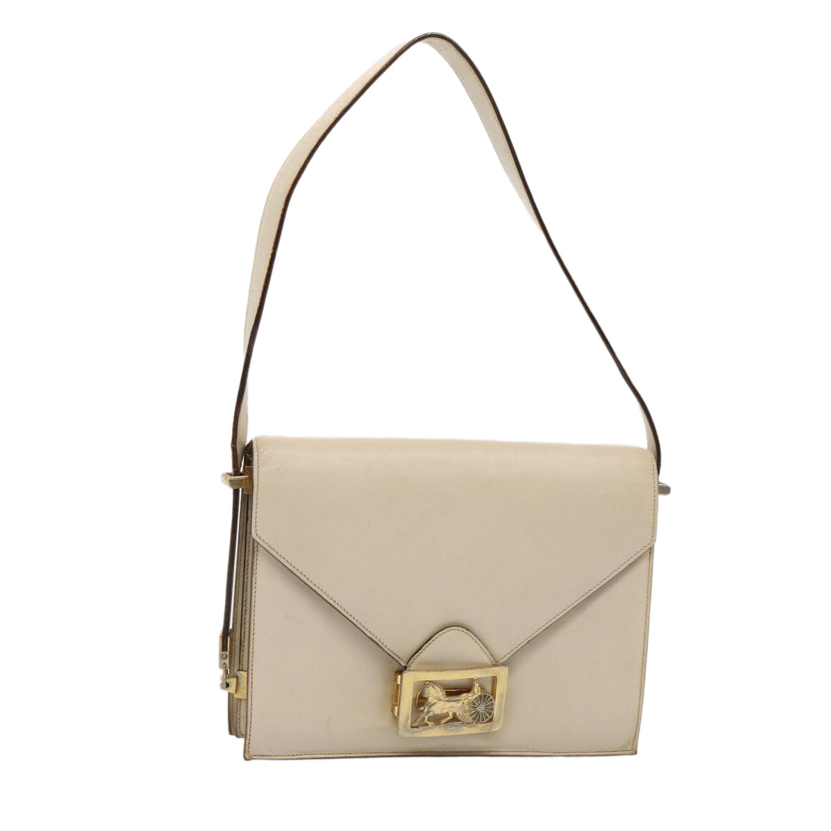 CELINE Shoulder Bag Leather White Gold Auth 85468