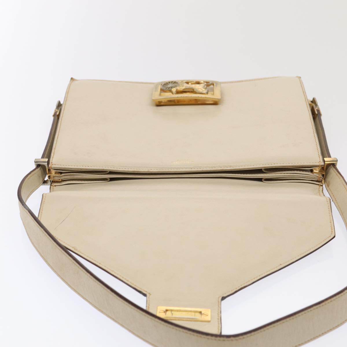 CELINE Shoulder Bag Leather White Gold Auth 85468