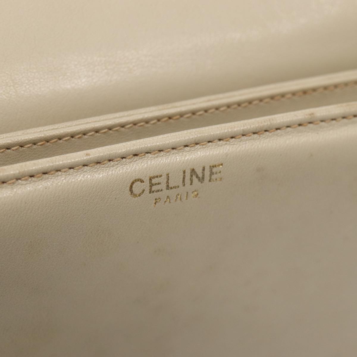 CELINE Shoulder Bag Leather White Gold Auth 85468