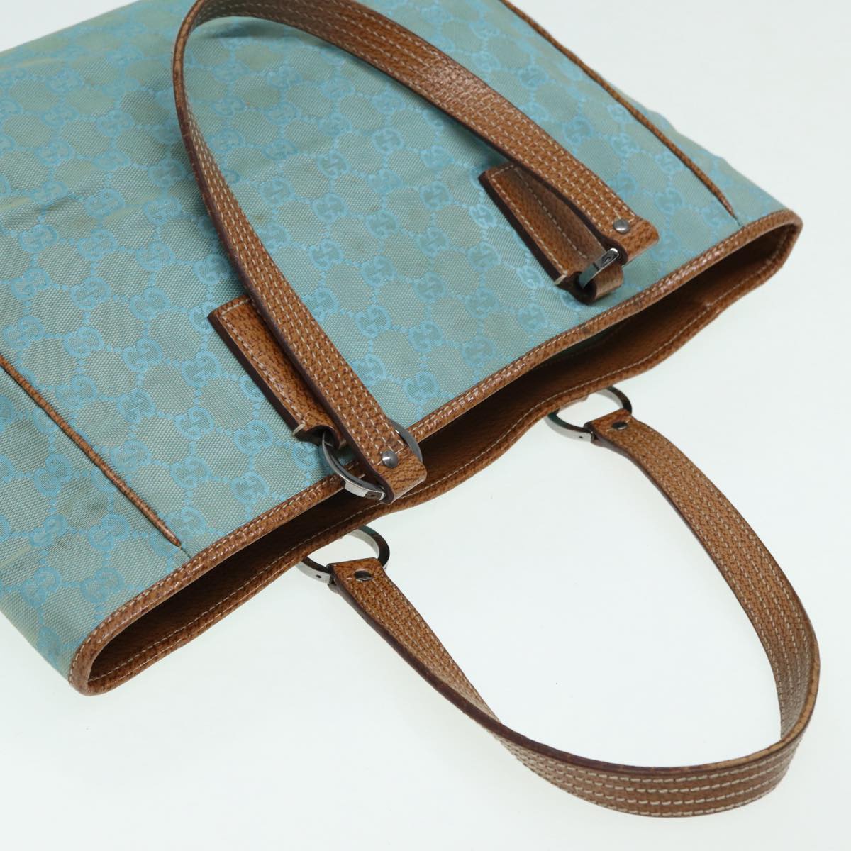 GUCCI GG Canvas Tote Bag Silver Turquoise Blue 113017 Auth 85473