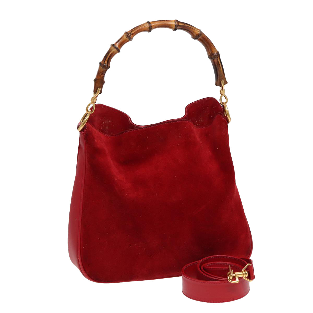 GUCCI Bamboo Shoulder Bag Suede 2way Red Gold 001 2113 1638 Auth 85477