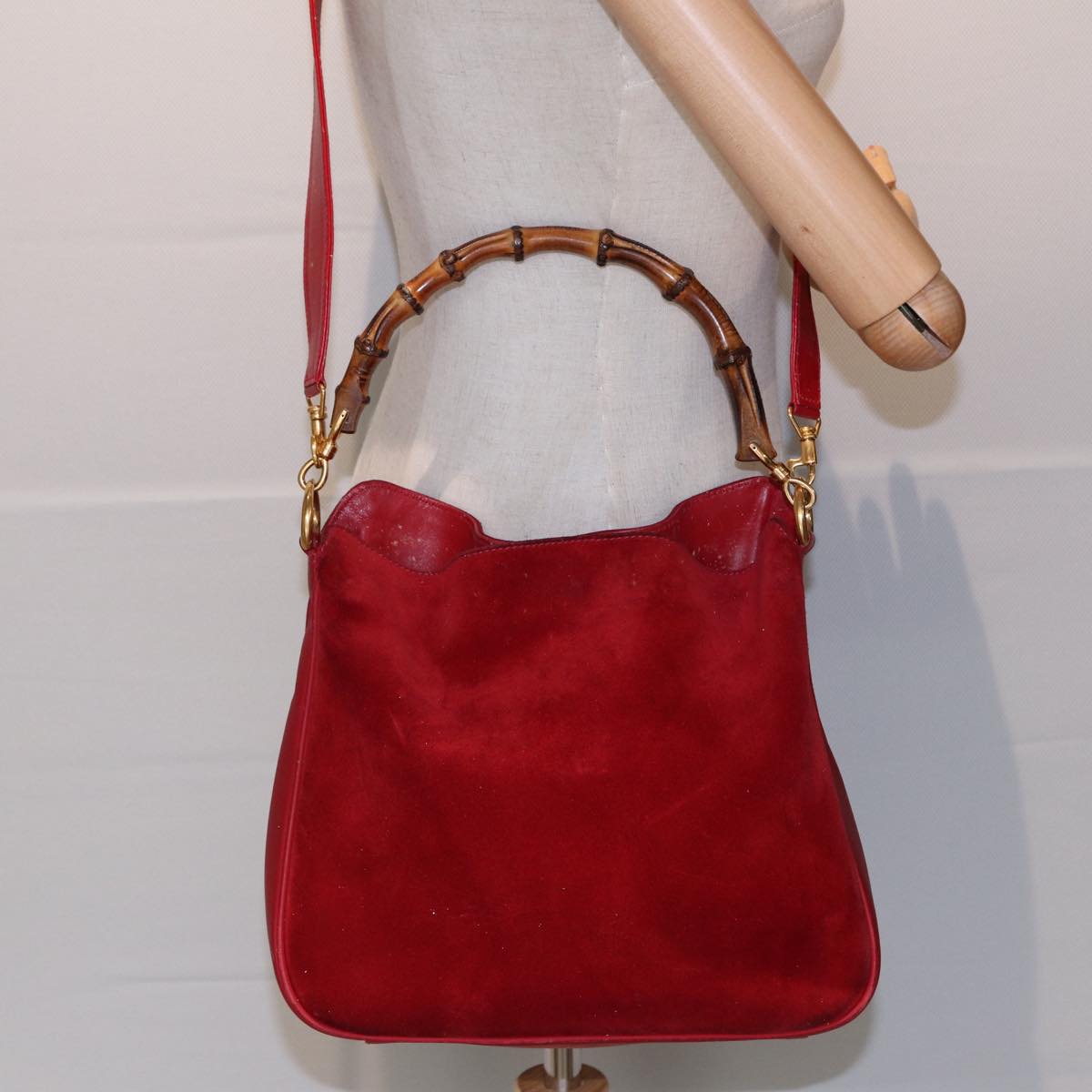 GUCCI Bamboo Shoulder Bag Suede 2way Red Gold 001 2113 1638 Auth 85477