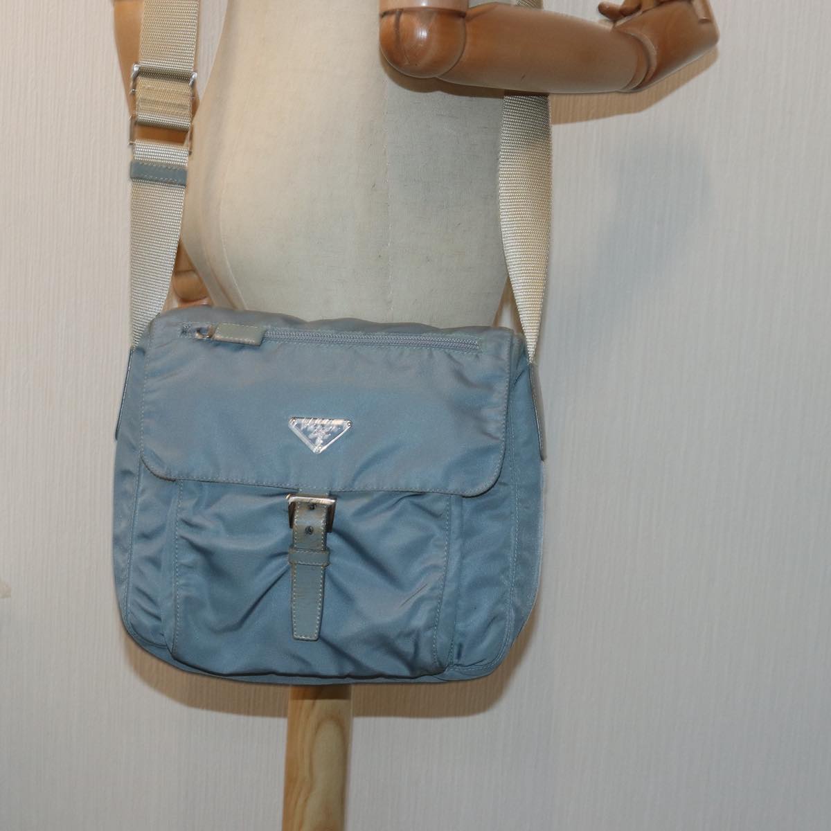 PRADA Shoulder Bag Nylon Light Blue Silver Auth 85482