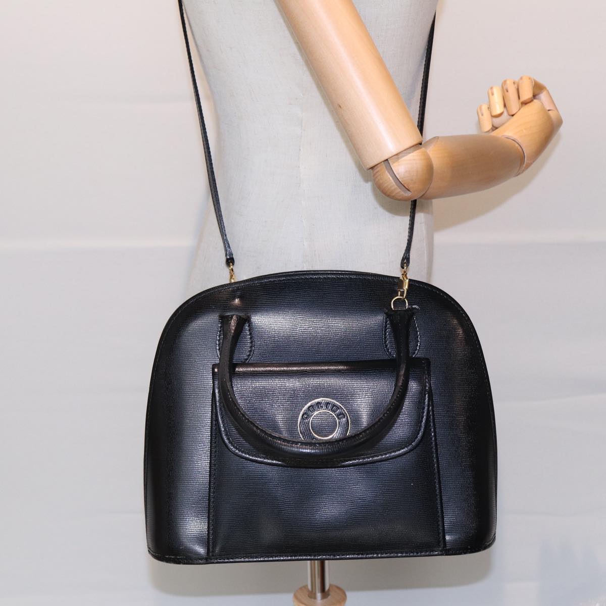 CELINE Hand Bag Leather 2way Black Gold Auth 85493