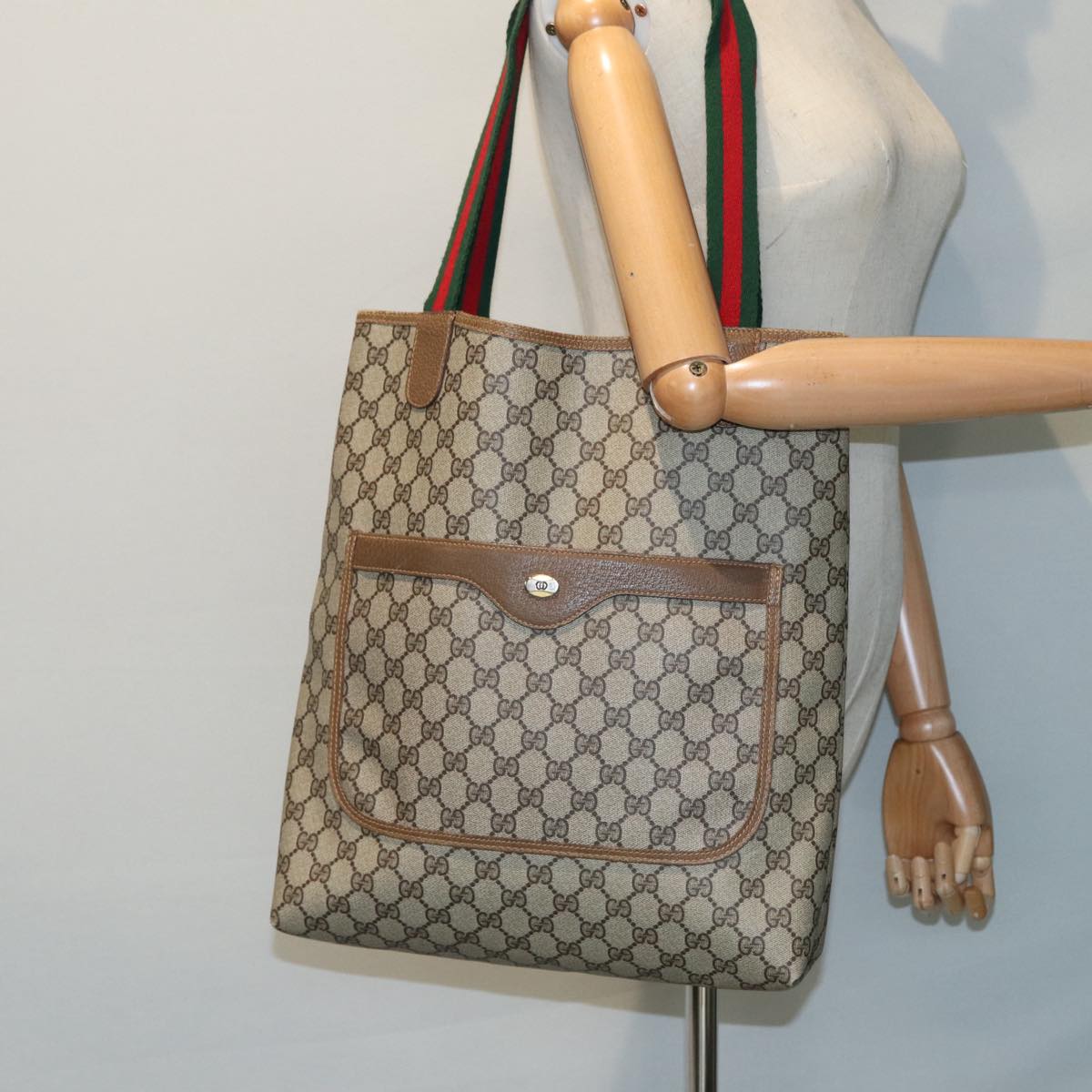 GUCCI GG Supreme Web Sherry Line Tote Bag PVC Beige Silver 39 02 003 Auth 85494