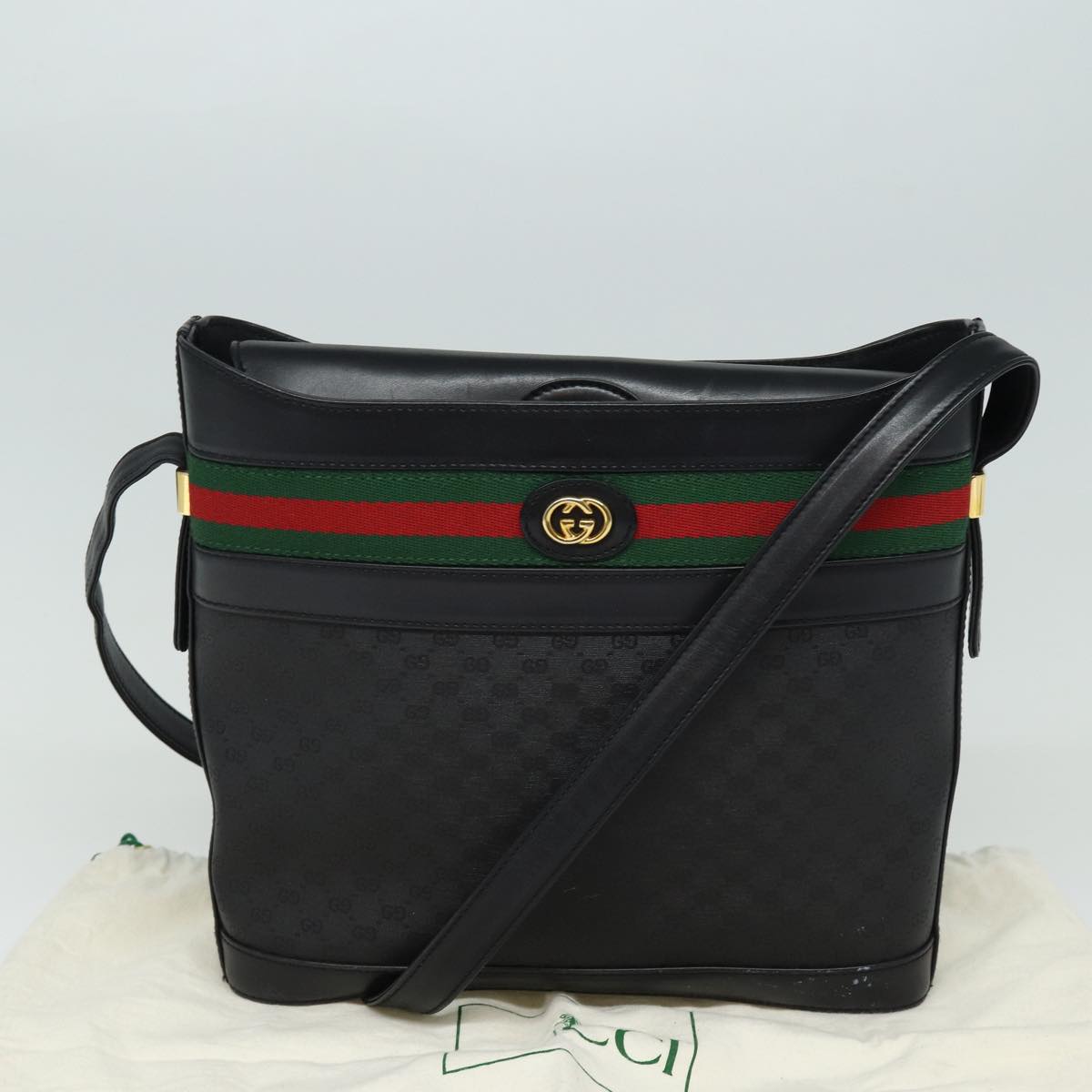 GUCCI Micro GG Supreme Web Sherry Line Shoulder Bag PVC Black Gold Auth 85498