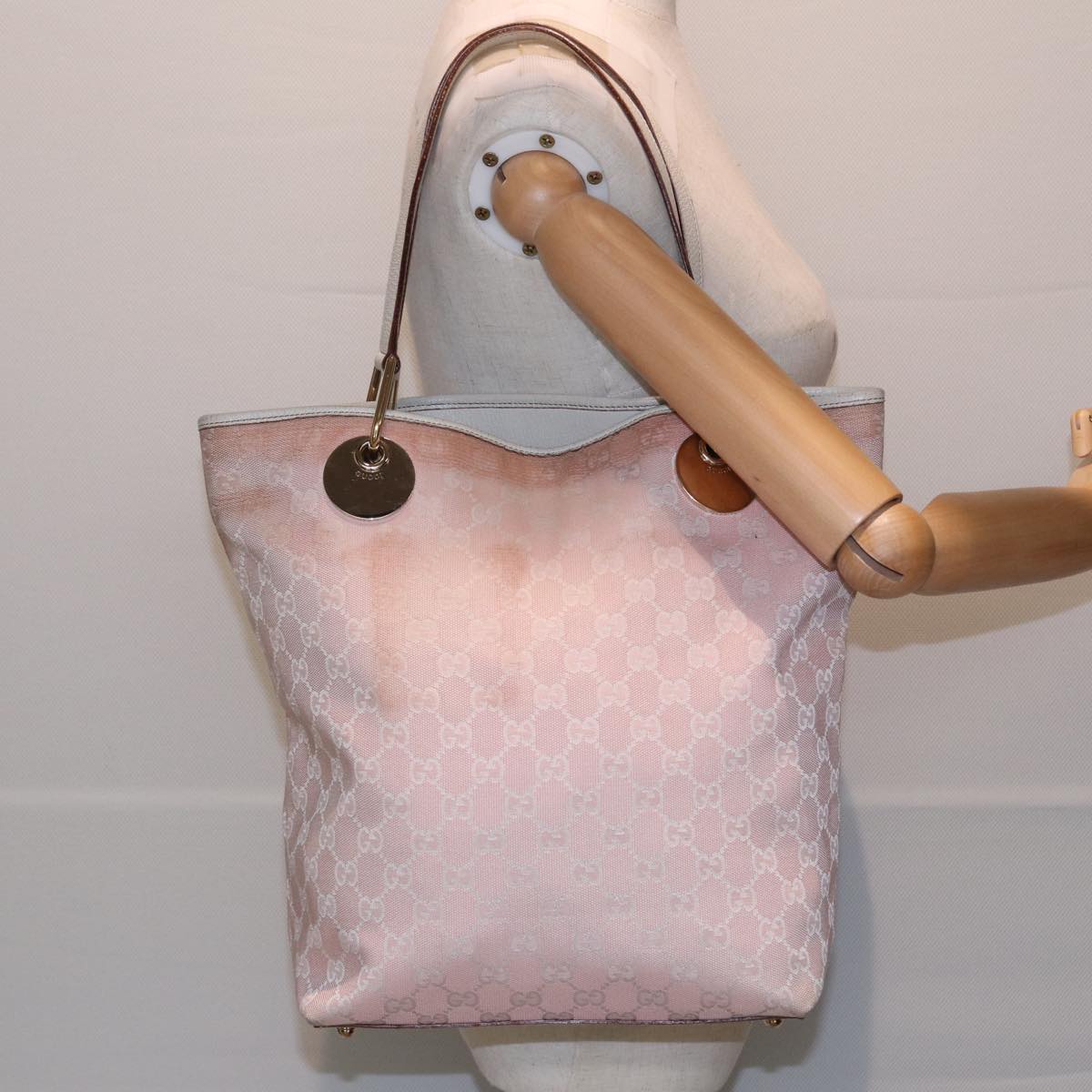 GUCCI GG Canvas Tote Bag Pink White gold 120836 Auth 85502