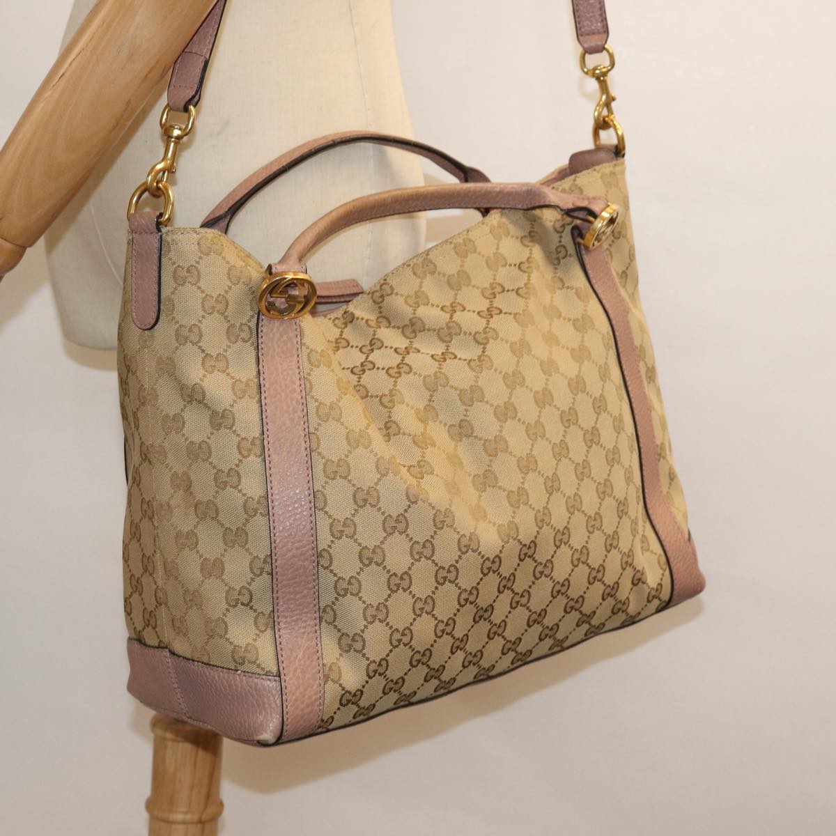 GUCCI GG Canvas Hand Bag 2way Beige Pink gold 323675 Auth 85520