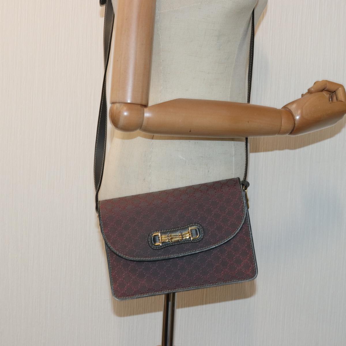 CELINE Macadam Canvas Shoulder Bag Gray Gold Auth 85525