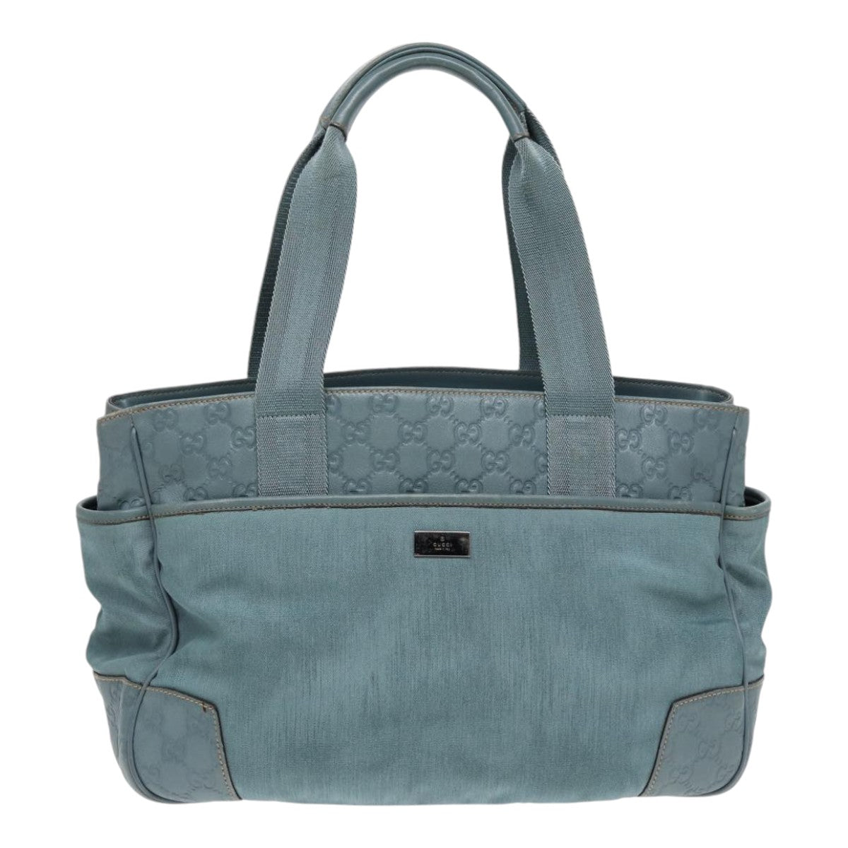 GUCCI GG Canvas Guccissima Tote Bag Nylon Leather Light Blue Silve Auth 85527