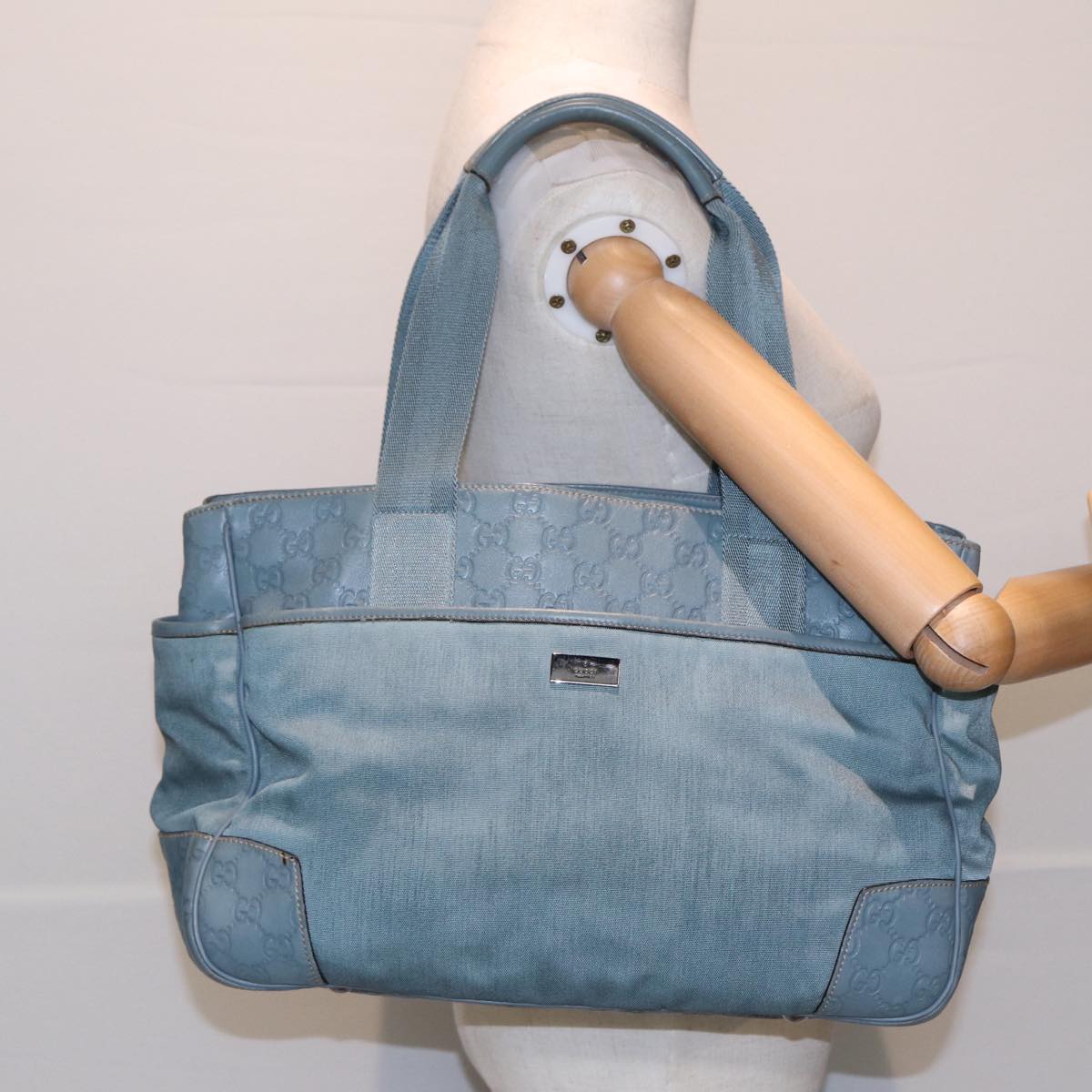 GUCCI GG Canvas Guccissima Tote Bag Nylon Leather Light Blue Silve Auth 85527