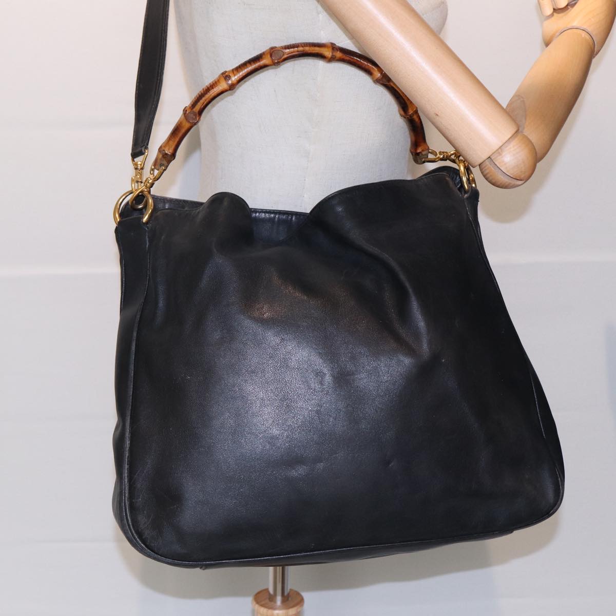 GUCCI Bamboo Hand Bag Leather Black 001 3754 1577 Auth 85536