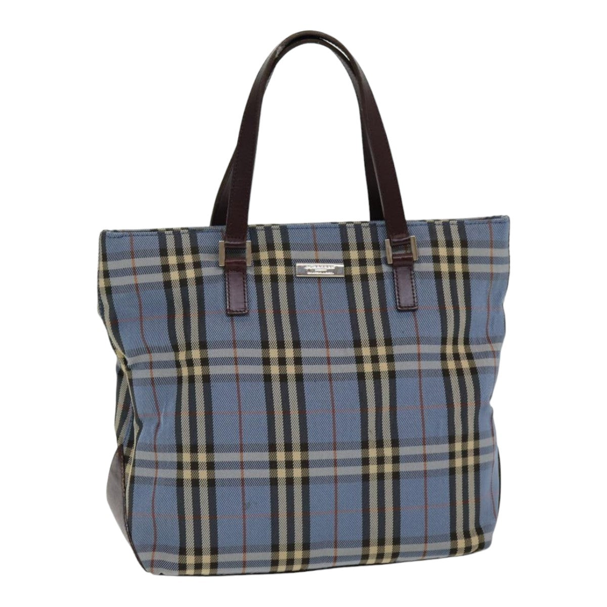 BURBERRY Nova Check Blue Label Hand Bag Nylon Blue Brown Silver Auth 85542